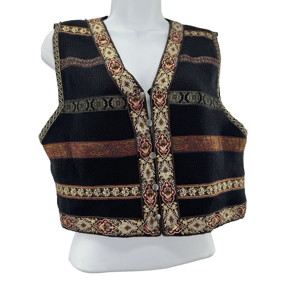 Vintage Liz Wear Knit Vest Women S Petite 90s Tapestry Bollywood Jacquard Patch